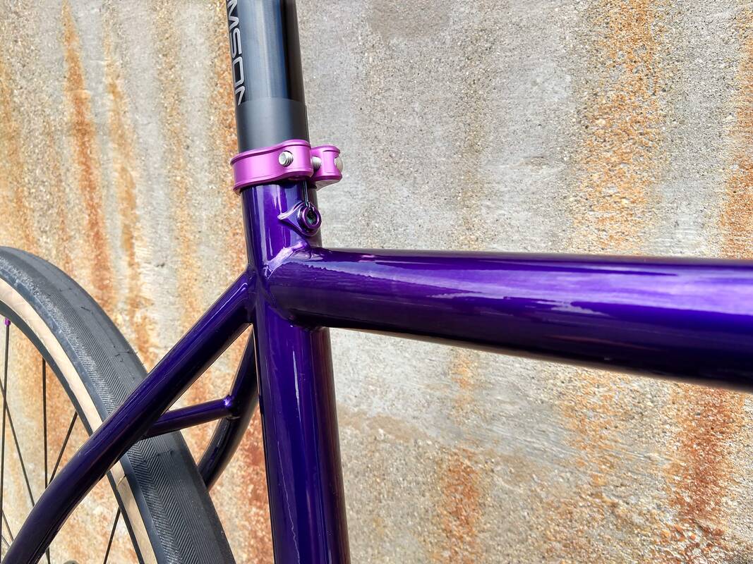 Pioneer Valley Frameworks seat tube custom bike steel frame Wolf Tooth seat collar purple cool purple anodized ano forward facing seat tube slot Vari Wall True Temper US MADE Welds framePicture